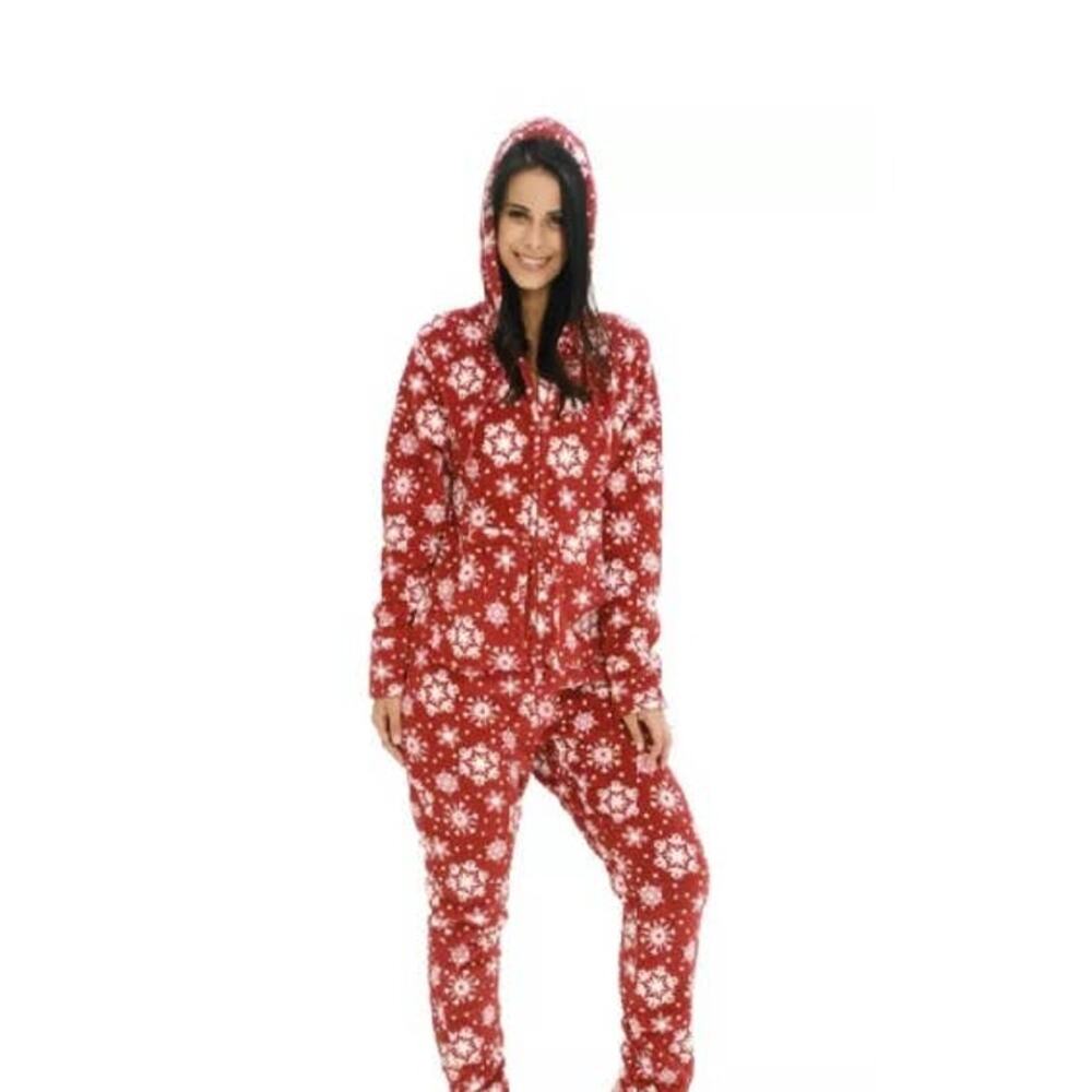 ALEXANDER DEL ROSSA Christmas Pajamas One Piece Hood Size S Women Snowflake Red